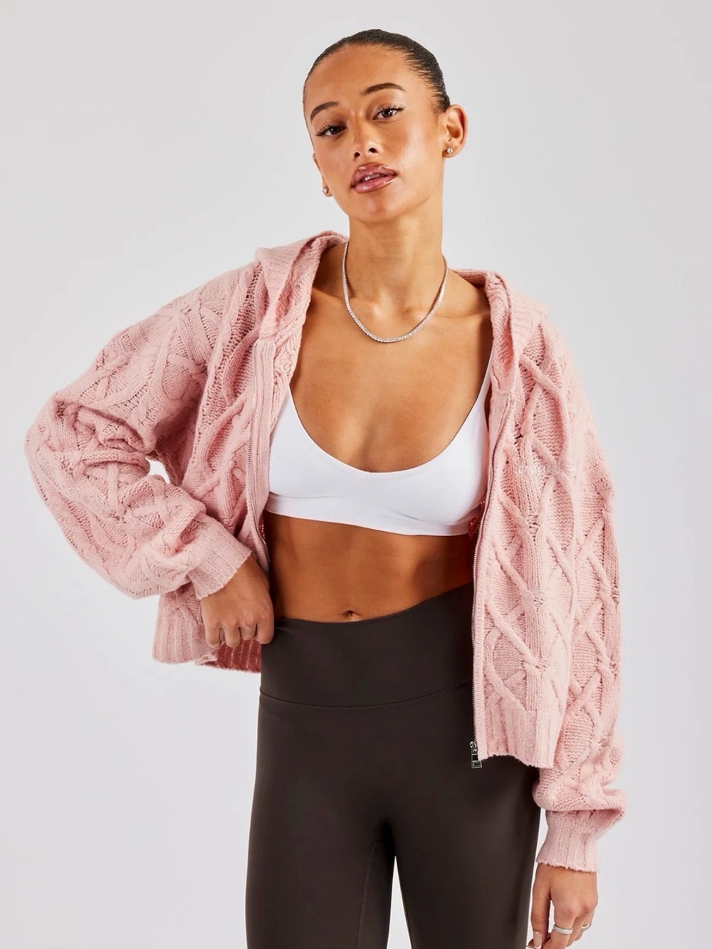 Cernucci CABLE KNIT ZIP THROUGH KNIT HOODIE - BABY PINK
